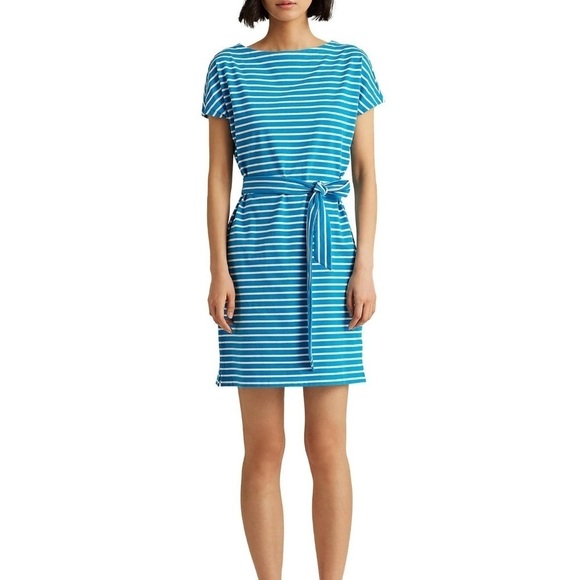 Lauren‎ Ralph Lauren Stretchy Striped Tie Front Waist T-Shirt Mini Dress Blue XL - Picture 1 of 7